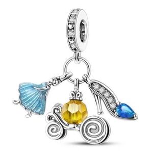 New! 3 pc Cinderella Carriage Glass Slipper Silver Plated Cubic Zerconia Charm